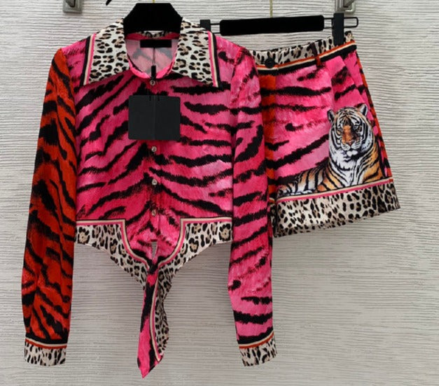 Canvas dress: Lujoso diseño tigre y leopardo. 2 piezas blusa y short. XL
