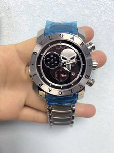Reloj Cuarzo 42mm acero inoxidable Plata Negro Azul Blanco luminoso cristal de zafiro. 30m. BVL