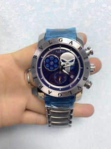 Reloj Cuarzo 42mm acero inoxidable Plata Negro Azul Blanco luminoso cristal de zafiro. 30m. BVL