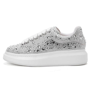 Zapatos piel oveja blancos clásicos con diamantes de imitación, McQueen glitter. 35-44