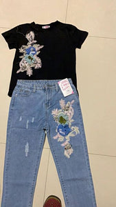 Pantalones vaqueros y blusa flores bordado 3D 2 piezas. 3XL