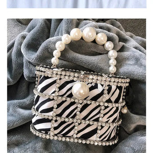 Bolso de mano con patrón de cebra y leopardo para mujer, cartera de mano de lujo con cuentas metálicas,